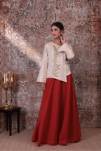 Zaara - Women's Beige & Rust Orange Embroidered Skirt Set