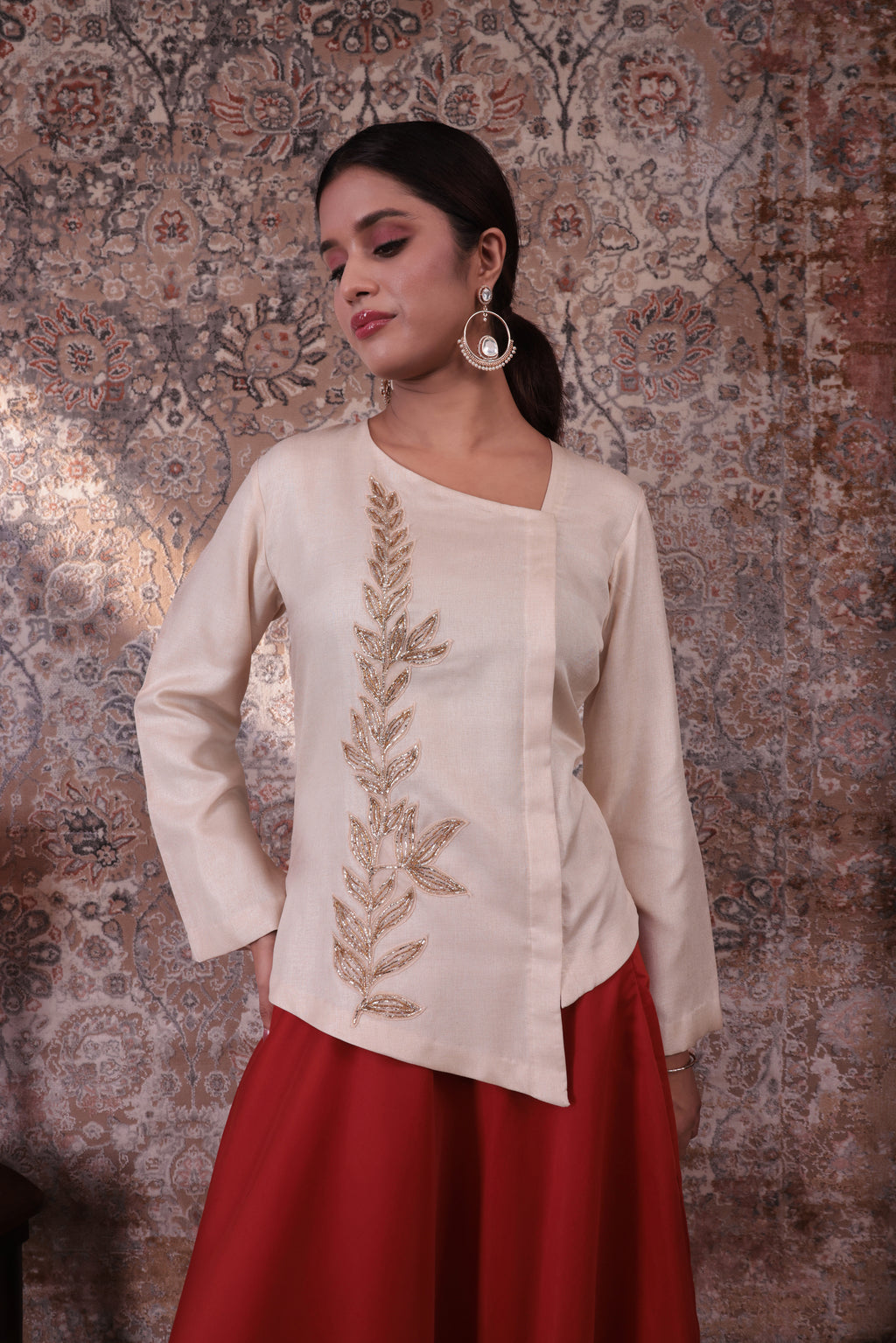 Zaara - Women's Beige & Rust Orange Embroidered Skirt Set