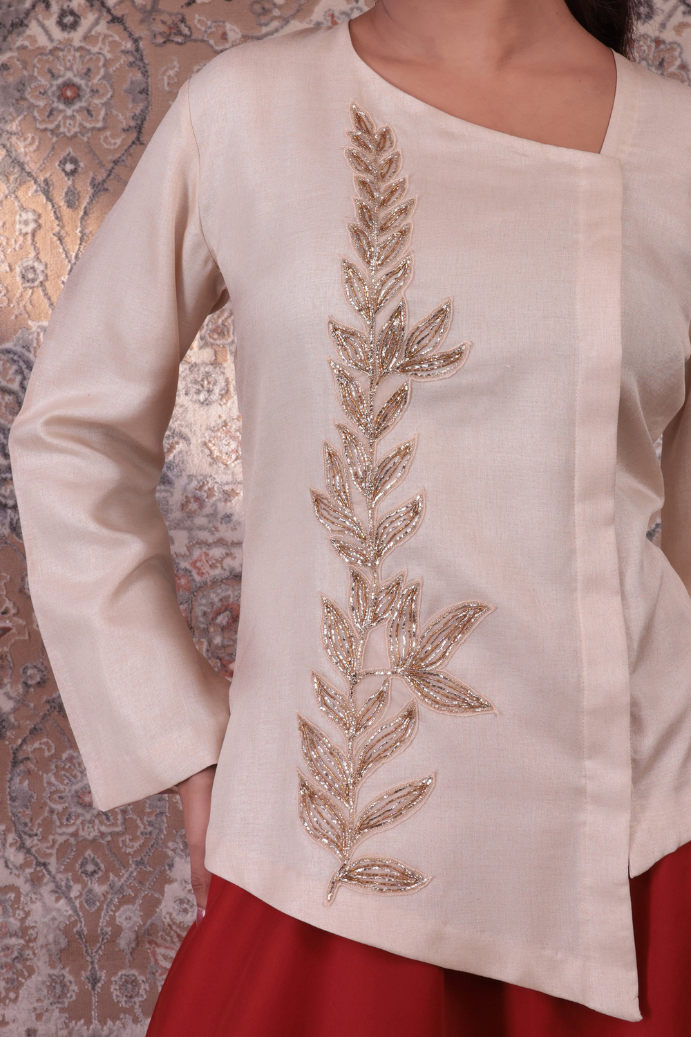 Zaara - Women's Beige & Rust Orange Embroidered Skirt Set