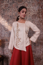 Zaara - Women's Beige & Rust Orange Embroidered Skirt Set
