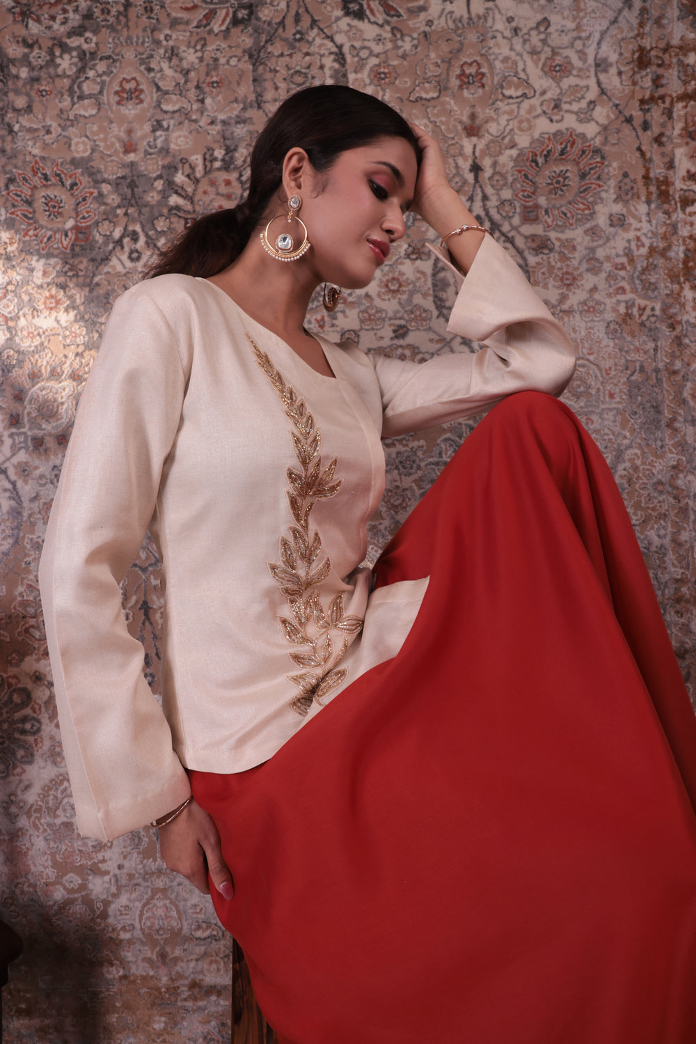 Zaara - Women's Beige & Rust Orange Embroidered Skirt Set