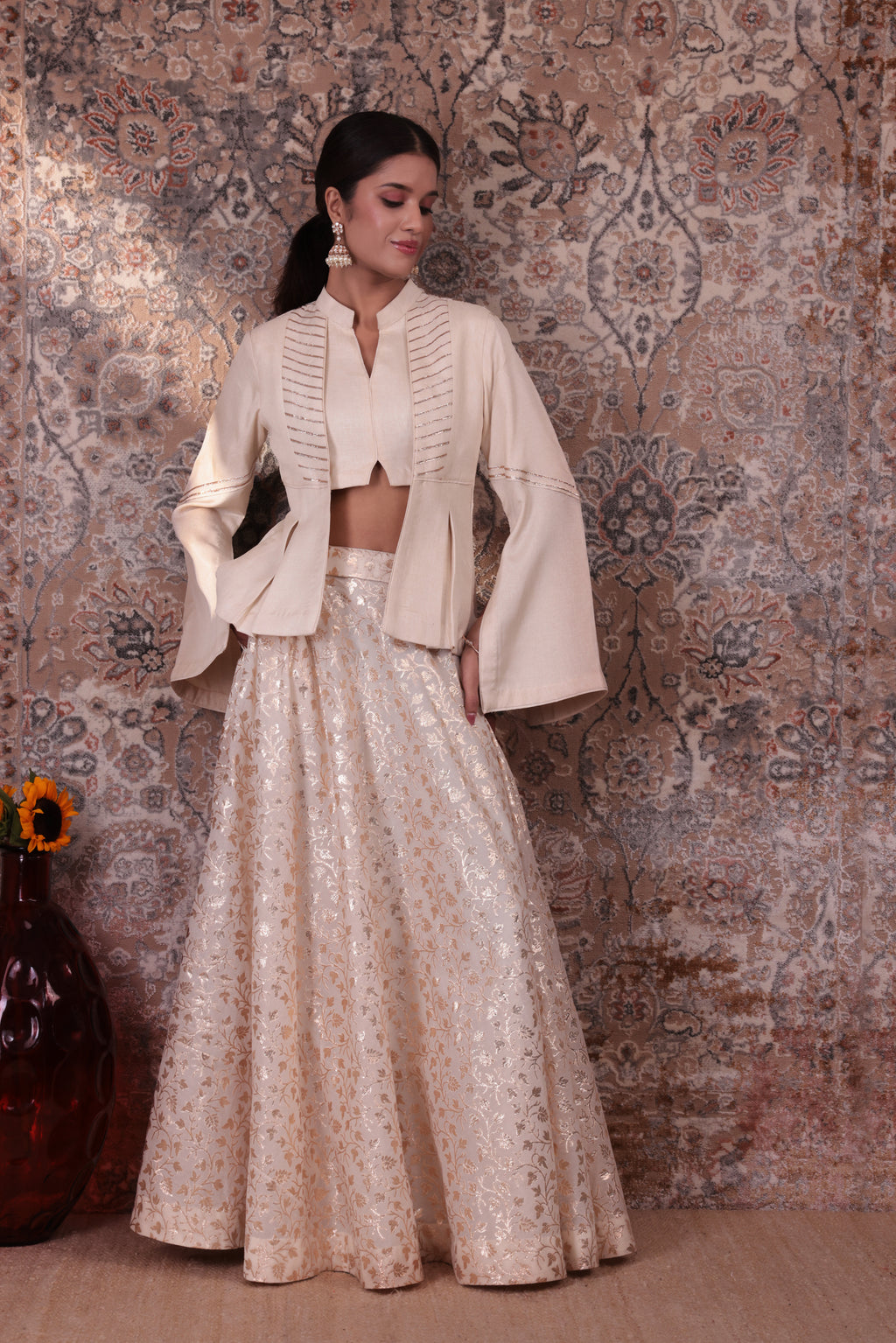 Adaa - Women's Beige Asymmetrical Jacket Skirt Set