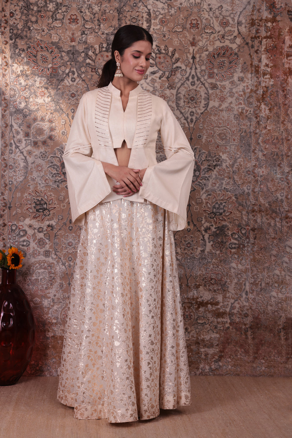 Adaa - Women's Beige Asymmetrical Jacket Skirt Set