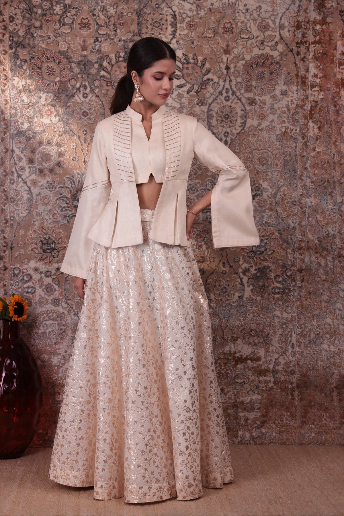 Adaa - Women's Beige Asymmetrical Jacket Skirt Set