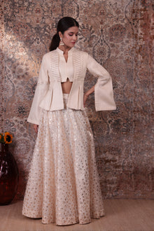 Adaa - Women's Beige Asymmetrical Jacket Skirt Set