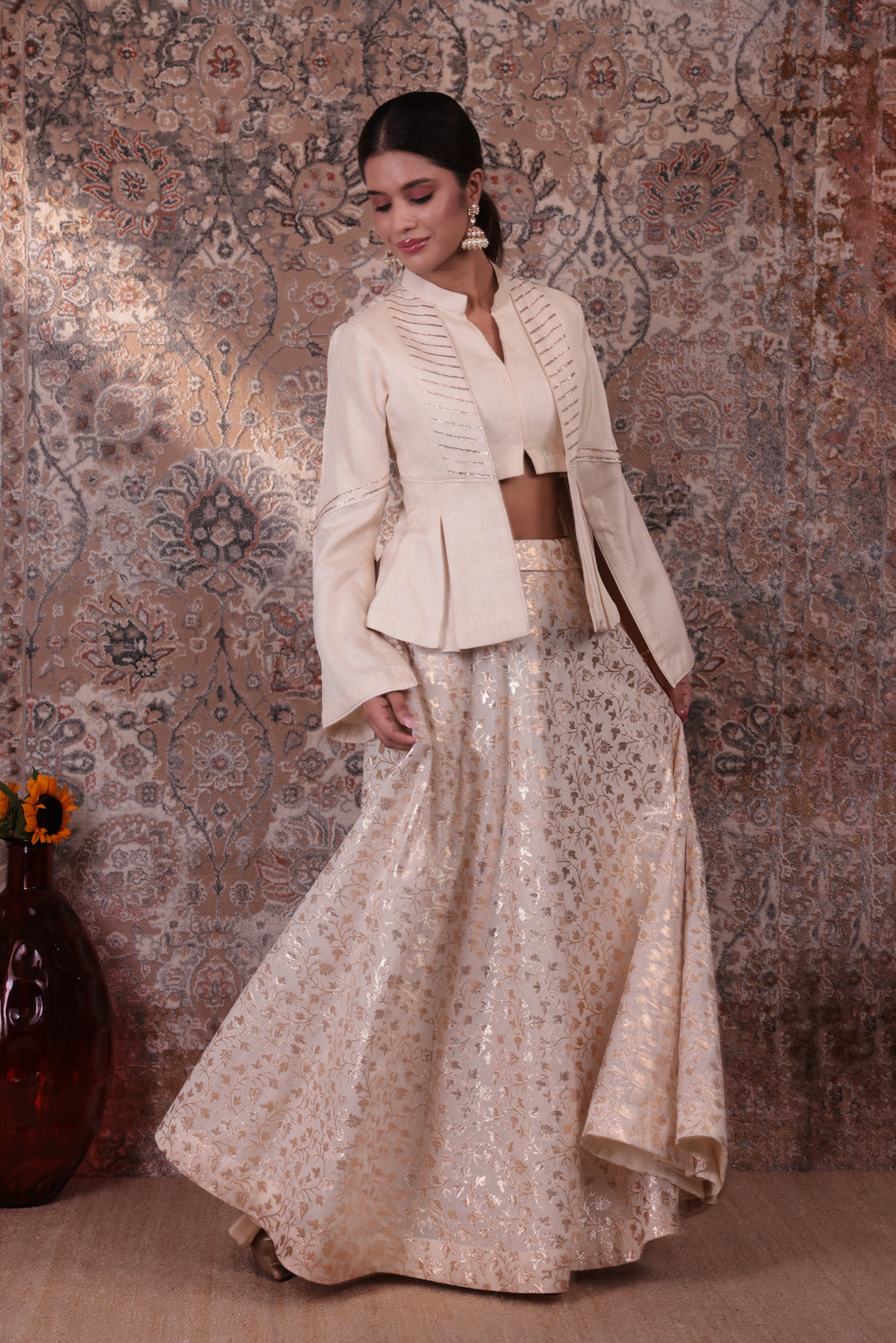 Adaa - Women's Beige Asymmetrical Jacket Skirt Set