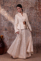 Adaa - Women's Beige Asymmetrical Jacket Skirt Set