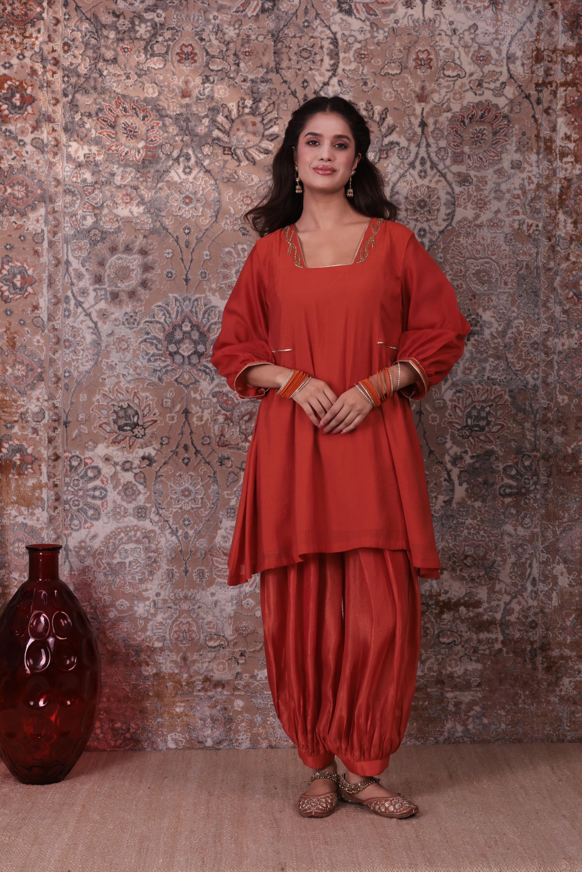 Hina - Women's Rust Orange Short Kurta Set