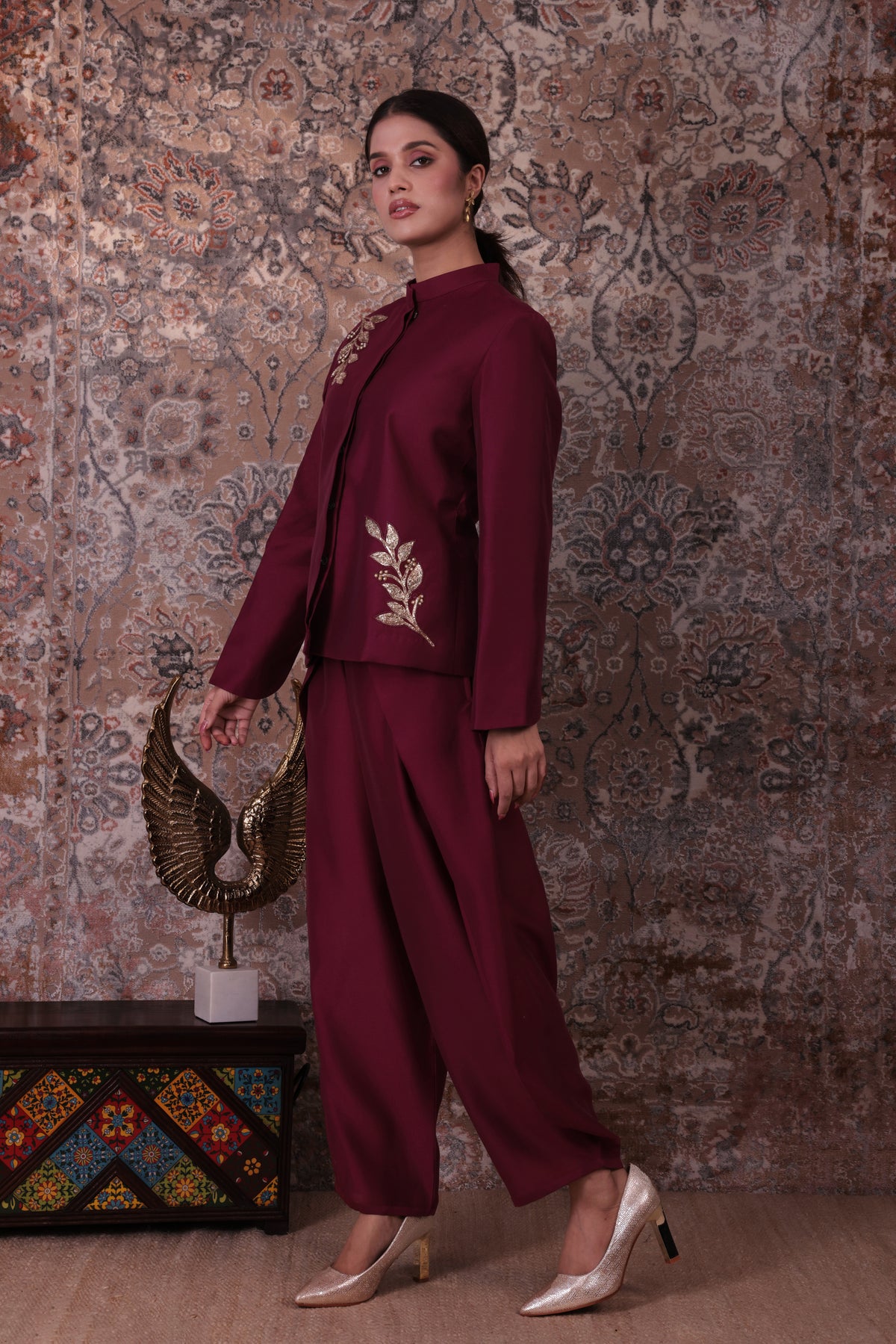 Ehsaas - Women's Burgundy Jacket Set