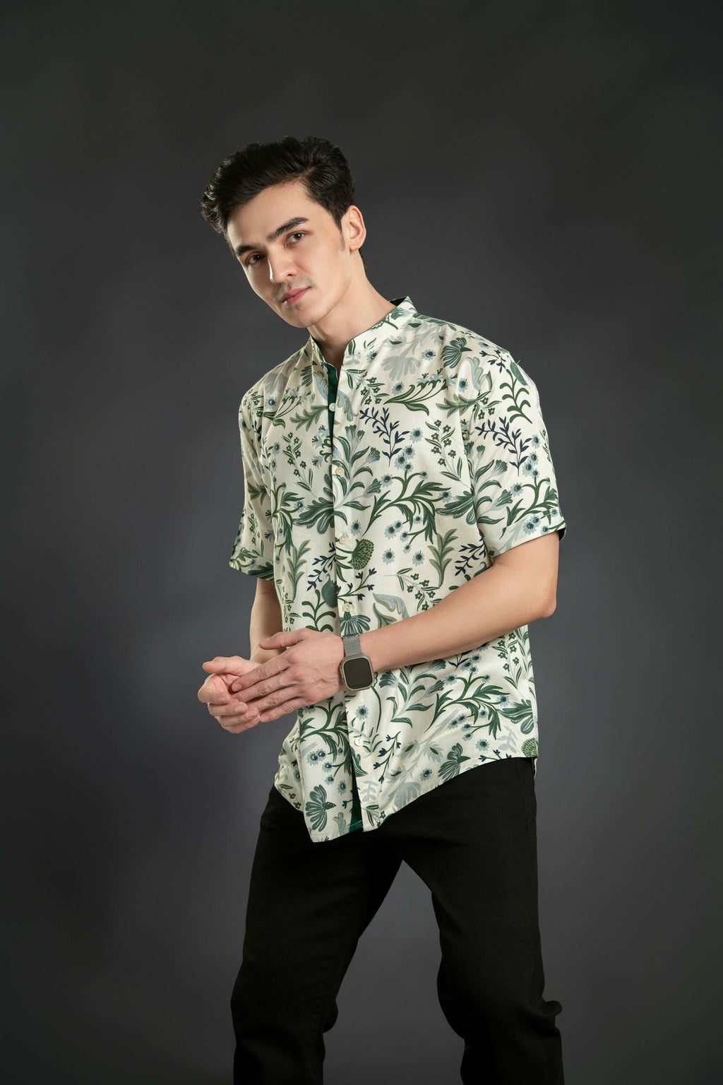 Floral Linen Shirt With Mandarin Collar Casual Shirt