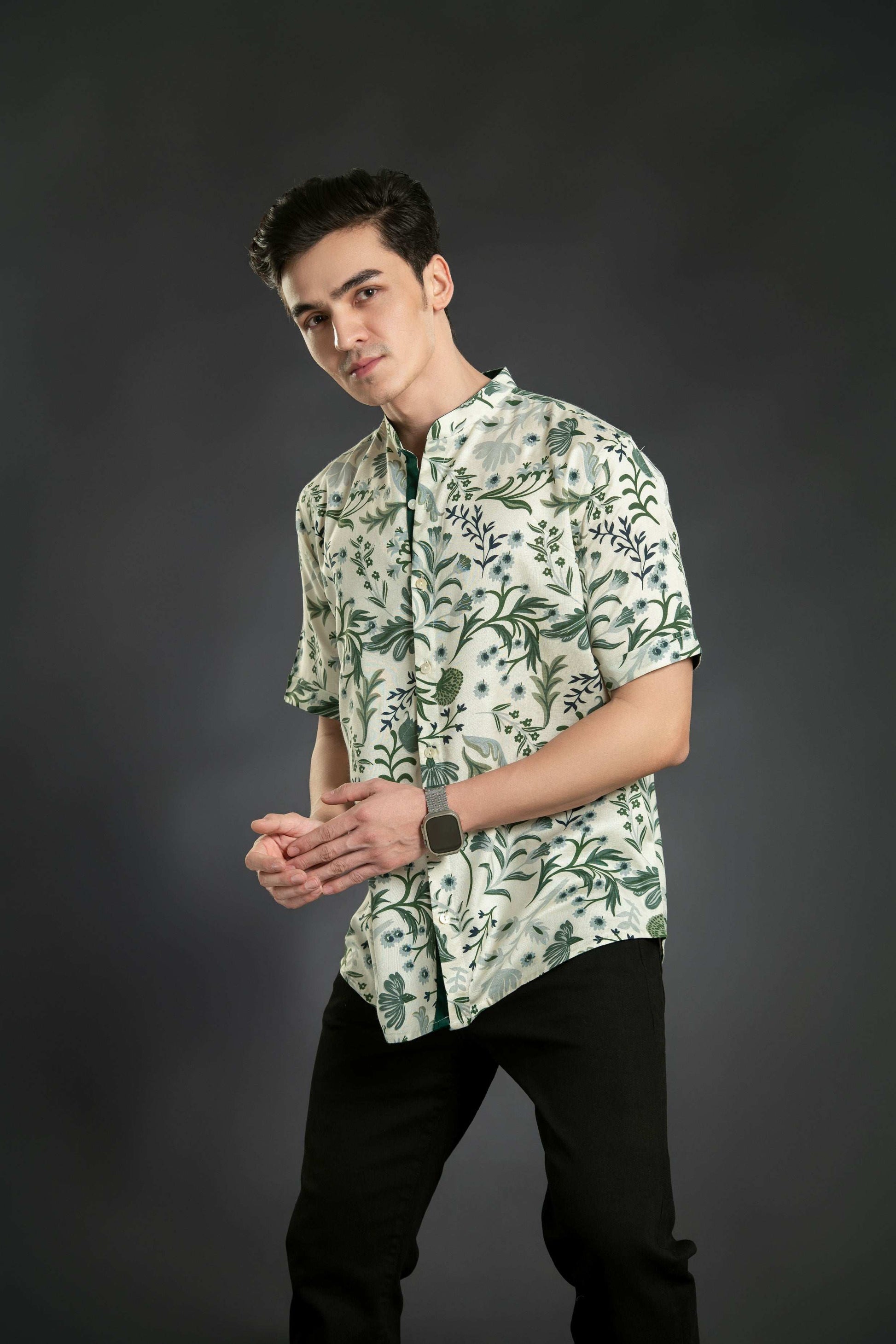 Floral Linen Shirt With Mandarin Collar Casual Shirt