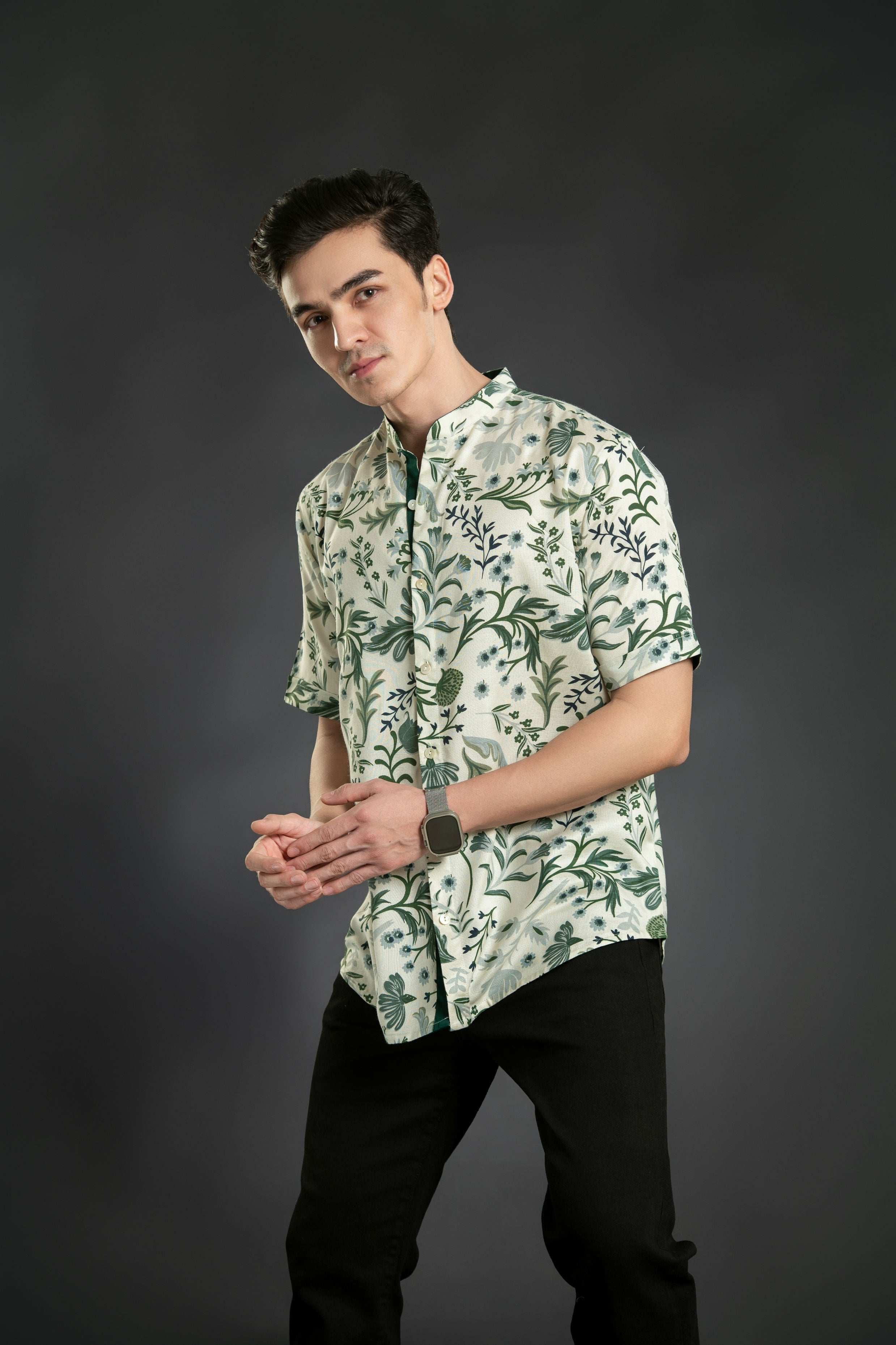 Floral Linen Shirt With Mandarin Collar Casual Shirt