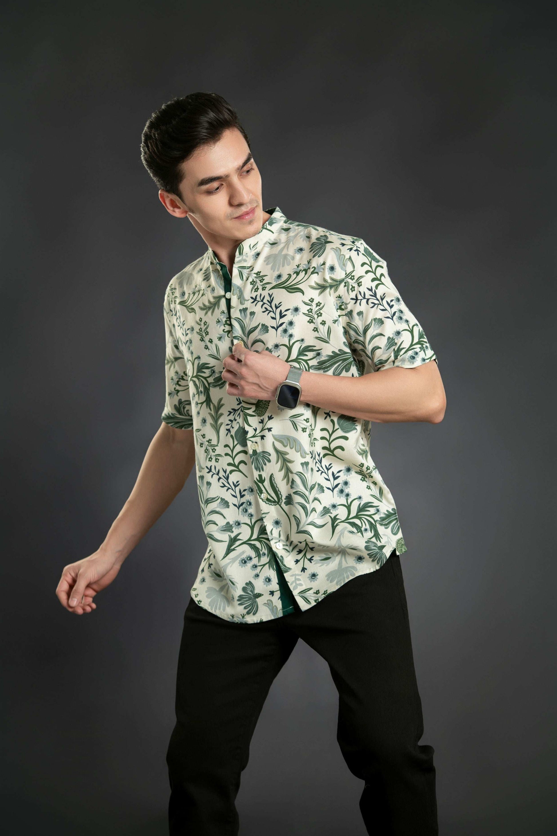 Floral Linen Shirt With Mandarin Collar Casual Shirt