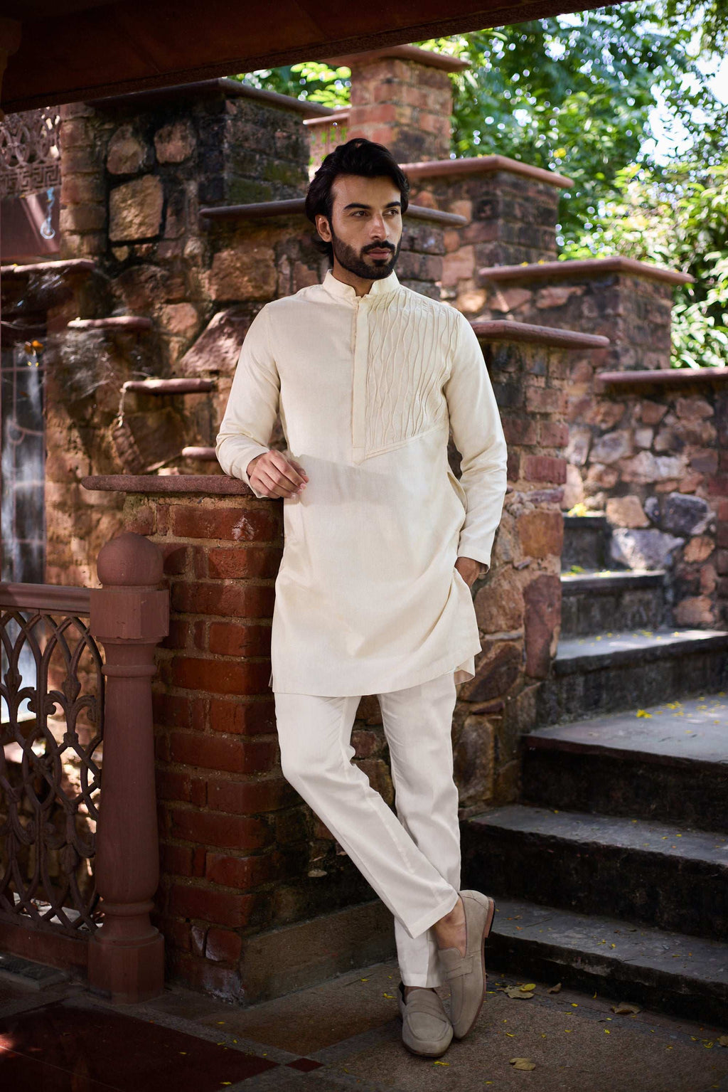 Nayaab - Beige Wave Pleats Mandarin collar Men's Kurta Set Kurta Pant Set Kurta Pant Set
