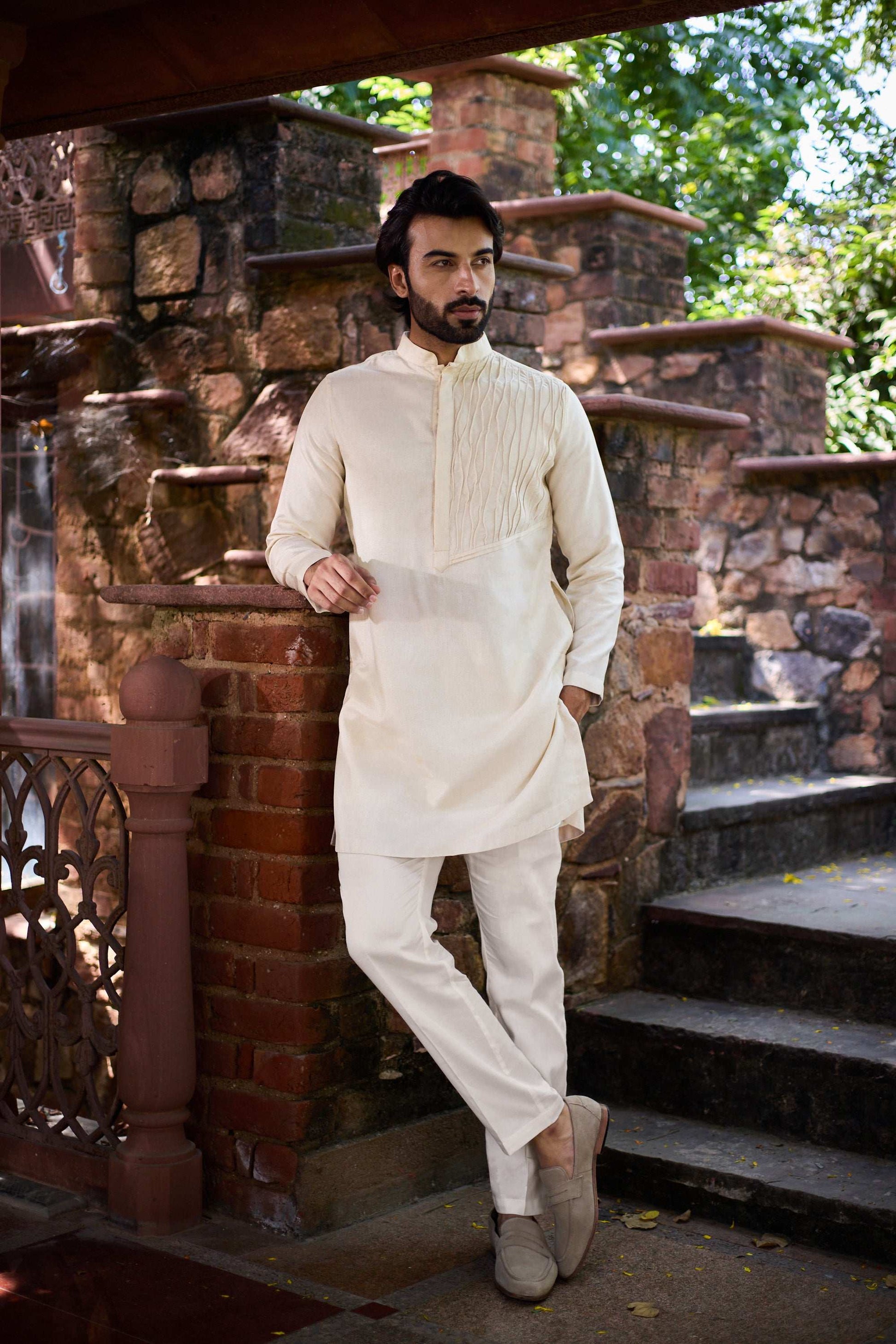 Nayaab - Beige Wave Pleats Mandarin collar Men's Kurta Set Kurta Pant Set Kurta Pant Set