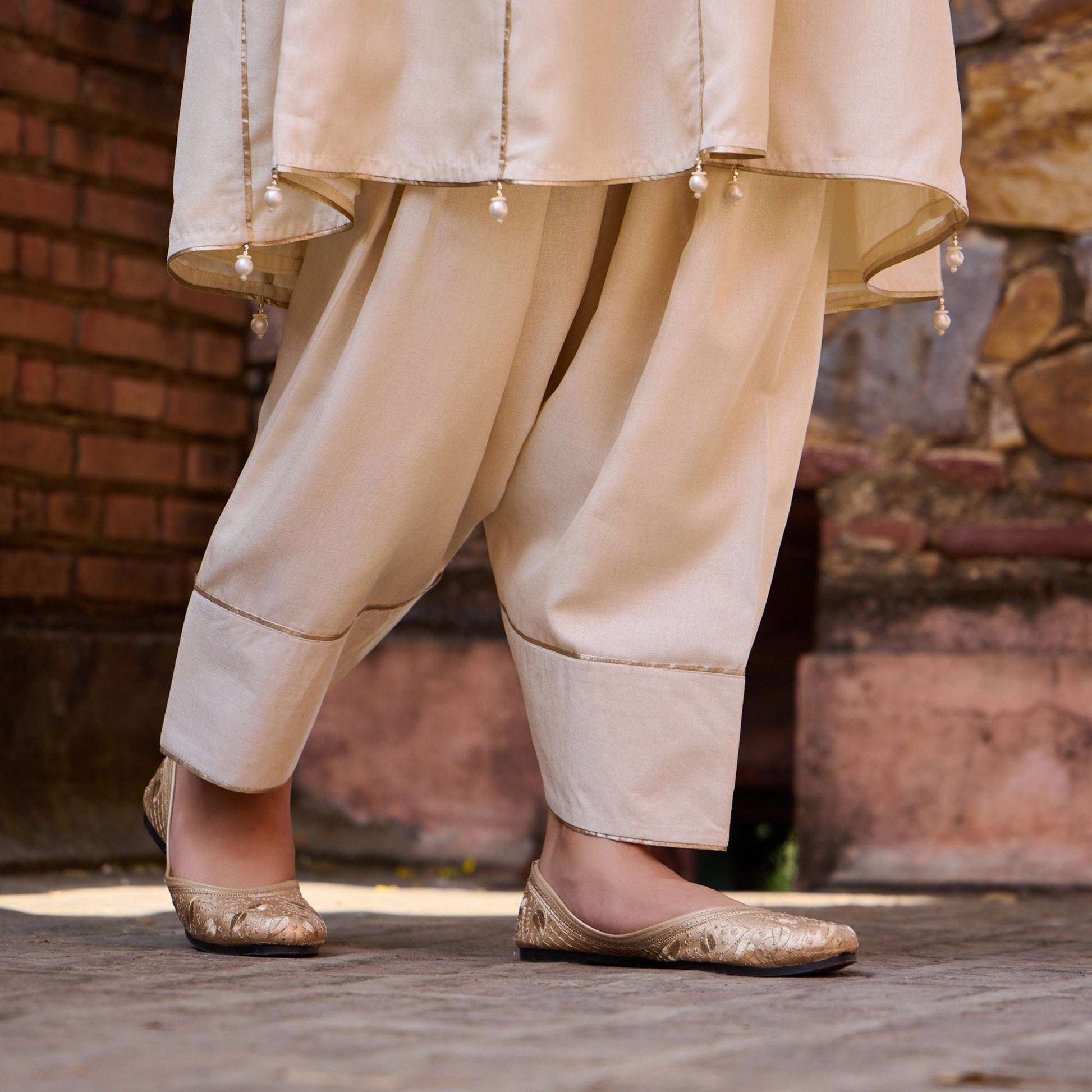 Aasma - V-Shaped Yoke Design Beige Silk Women's Kurta Set Short Kalidar Suit Short Kalidar Suit