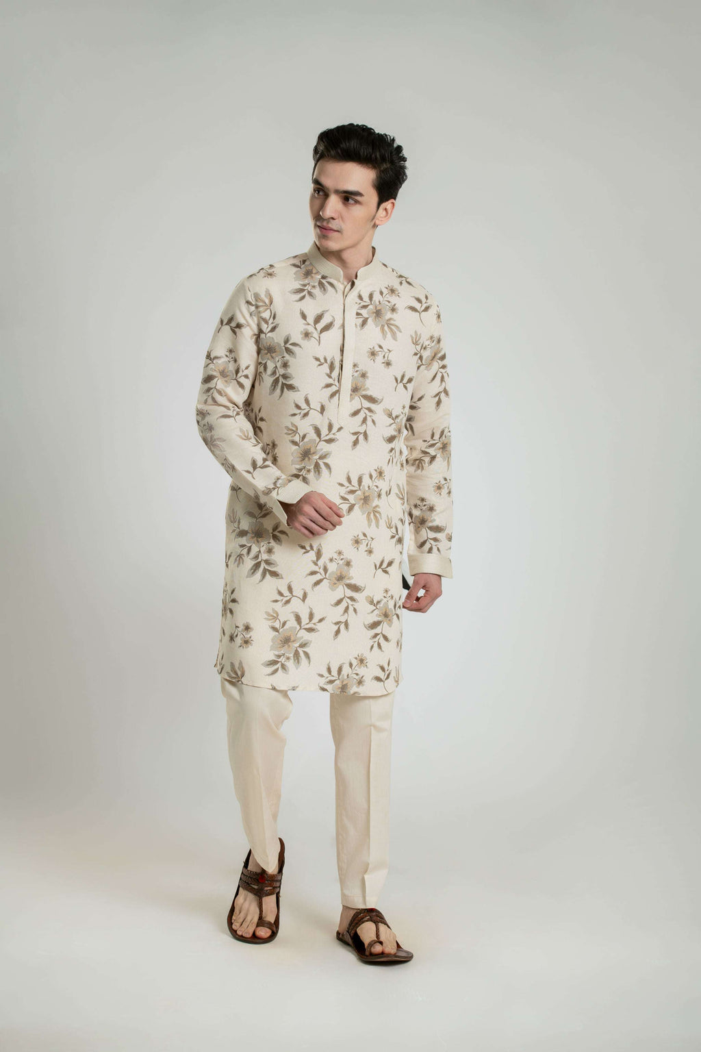 Floral Linen Kurta Set With Anchor Thread Embroidery Kurta Pant Set
