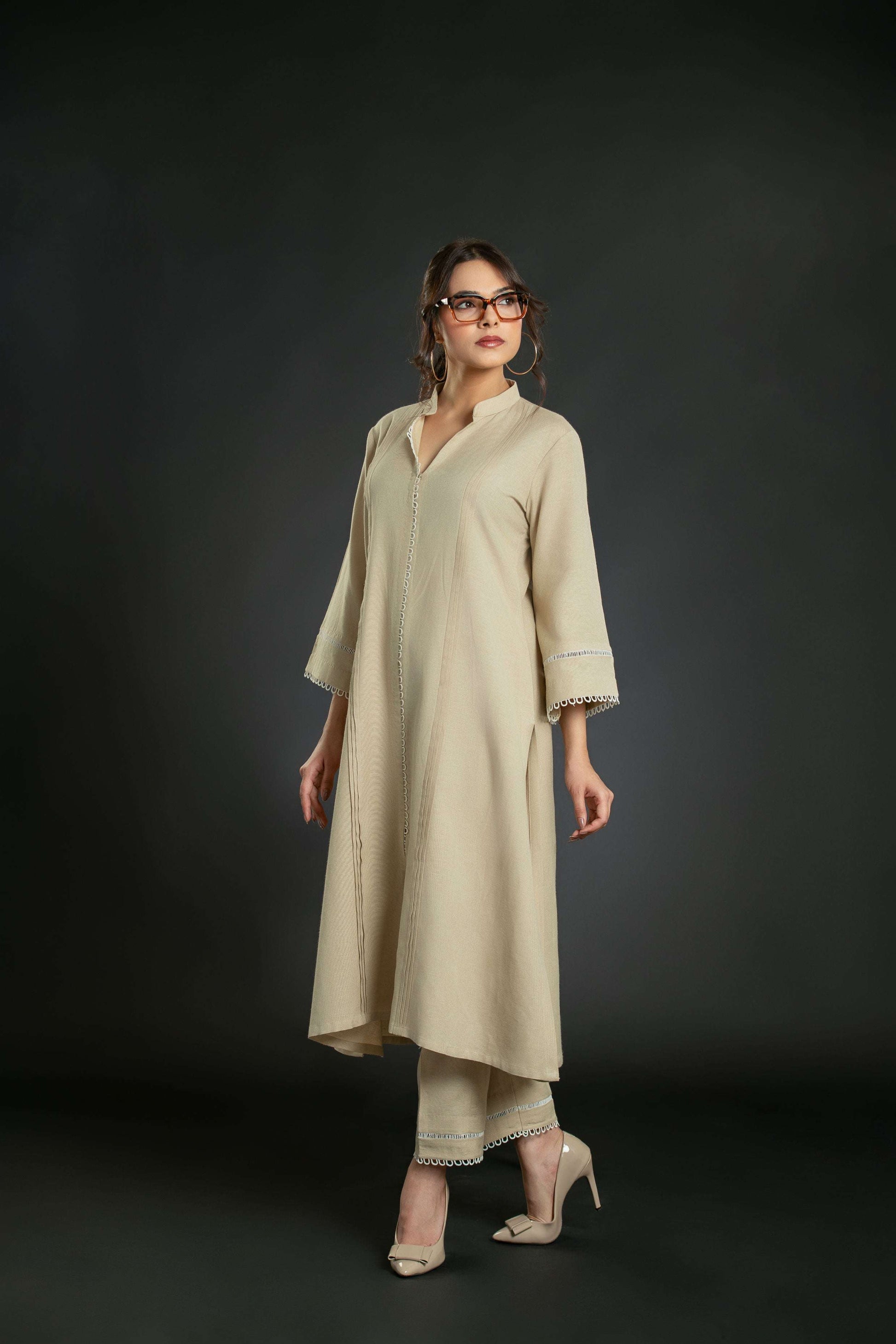 Women's Pleated Lace Long Coord Set with Bell Sleeves Long Co-Ord Set