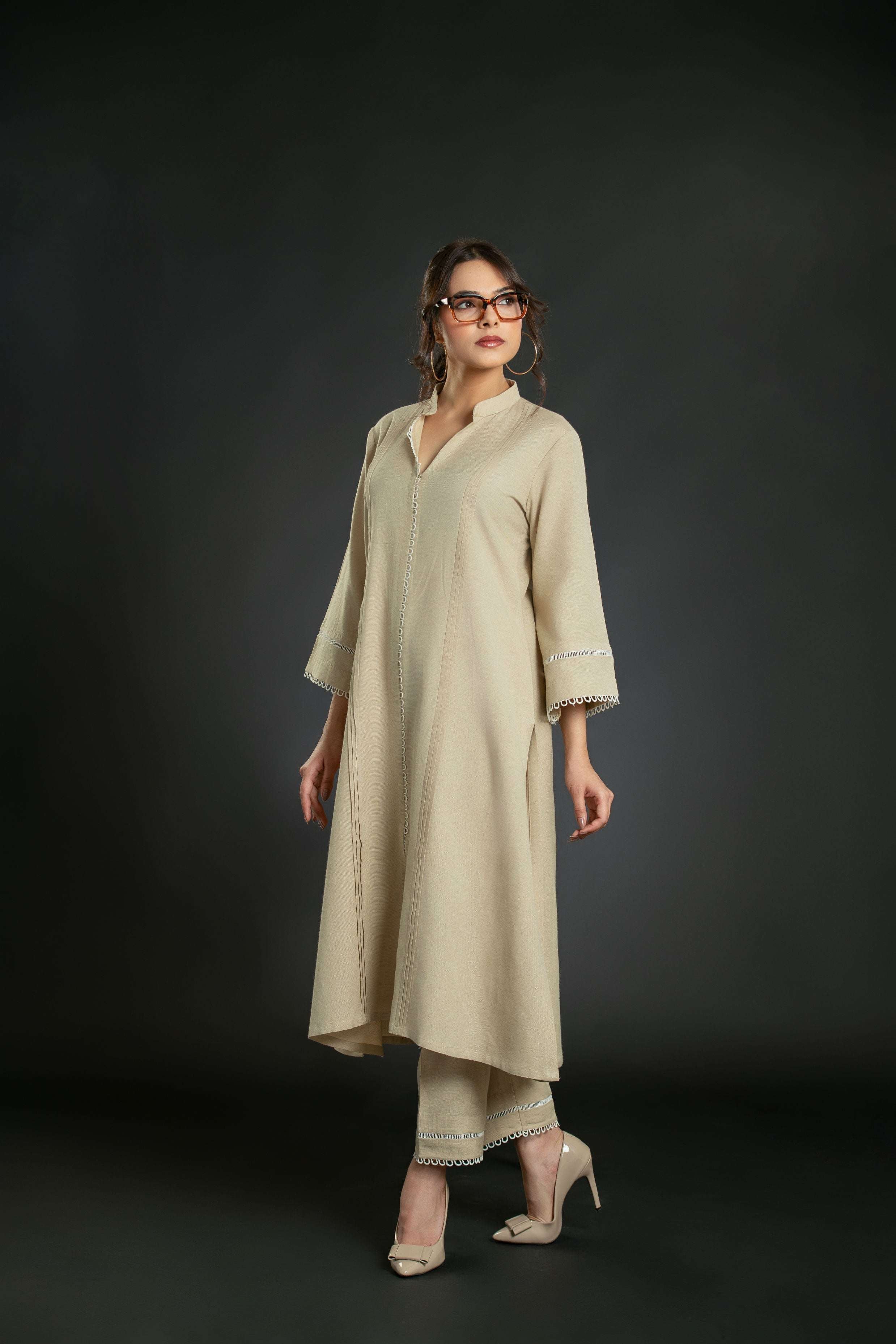 Women's Pleated Lace Long Coord Set with Bell Sleeves Long Co-Ord Set