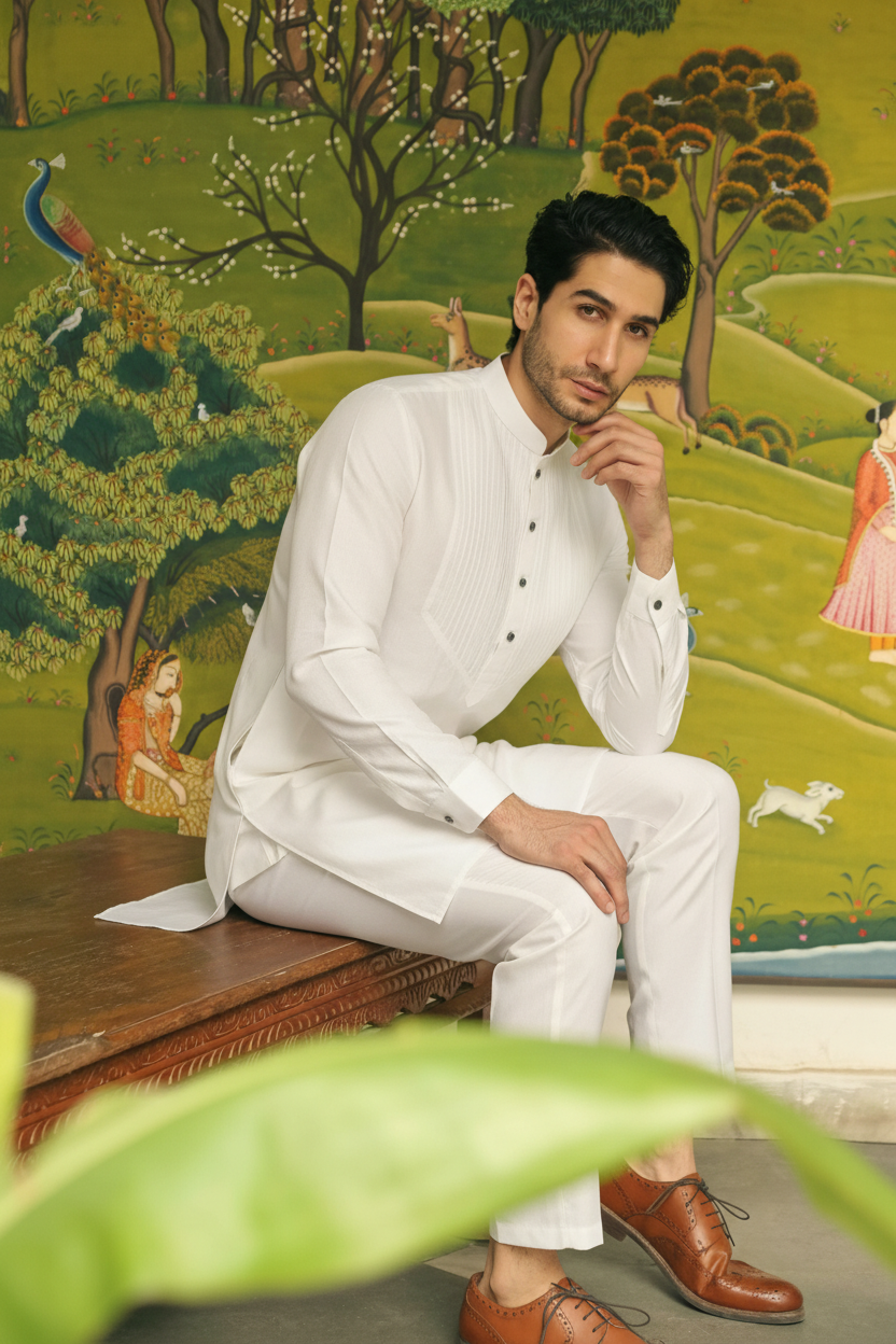 Men’s White Mid-length Kurta Pant Set