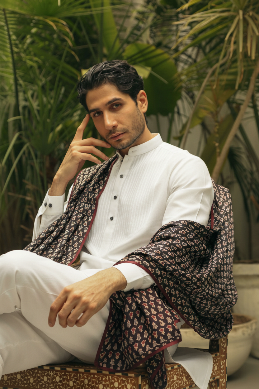 Men’s White Mid-length Kurta Pant Set