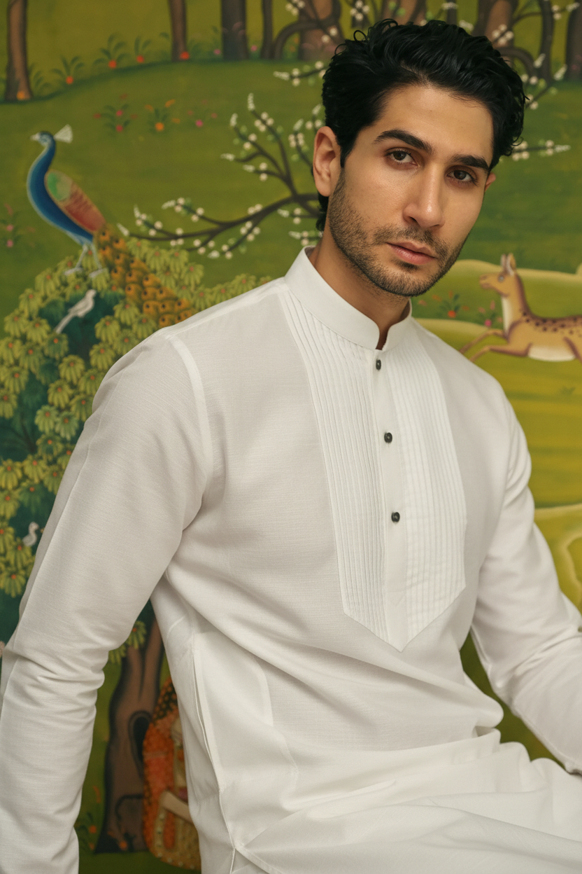 Men’s White Mid-length Kurta Pant Set