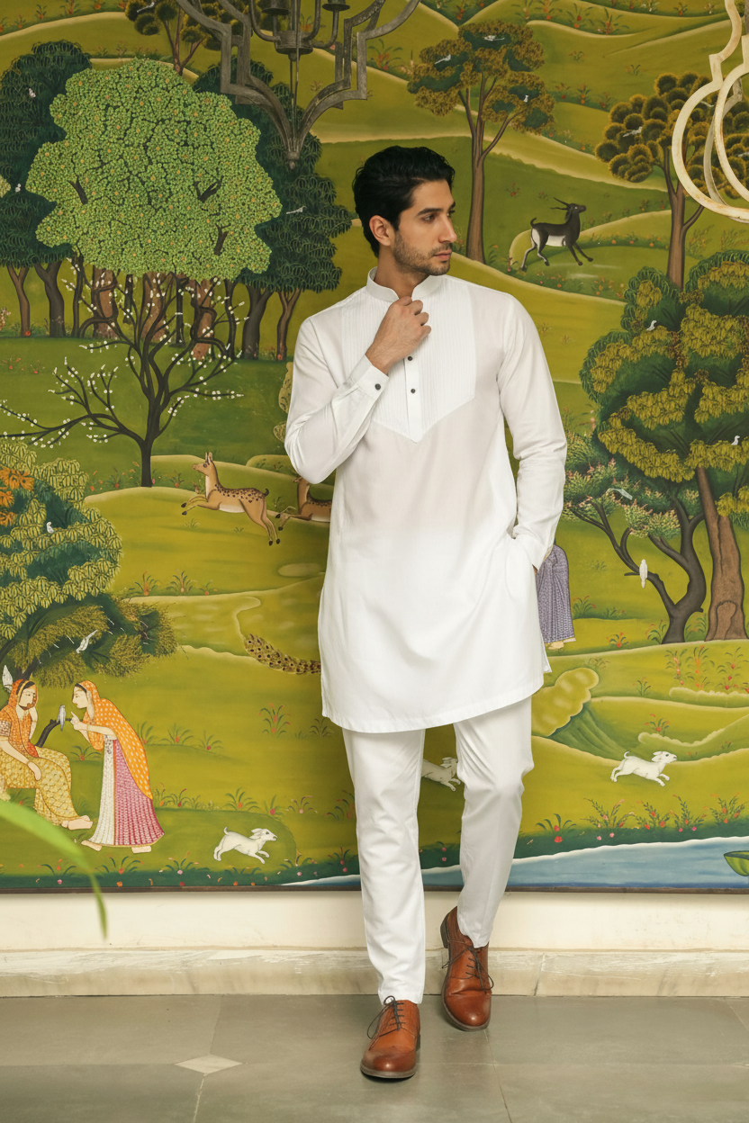 Men’s White Mid-length Kurta Pant Set
